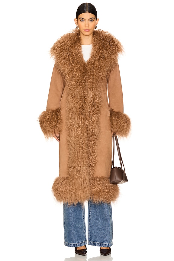 view 2 of 4 Dorothy Suede Maxi Coat With Fur Trim in Sand