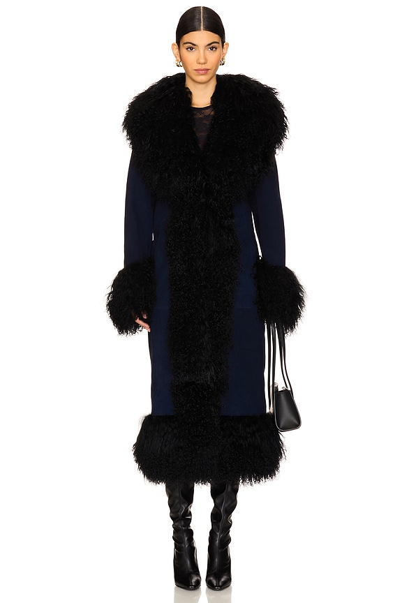 view 2 of 4 Dorothy Suede Maxi Coat With Fur Trim in Navy Blue & Black