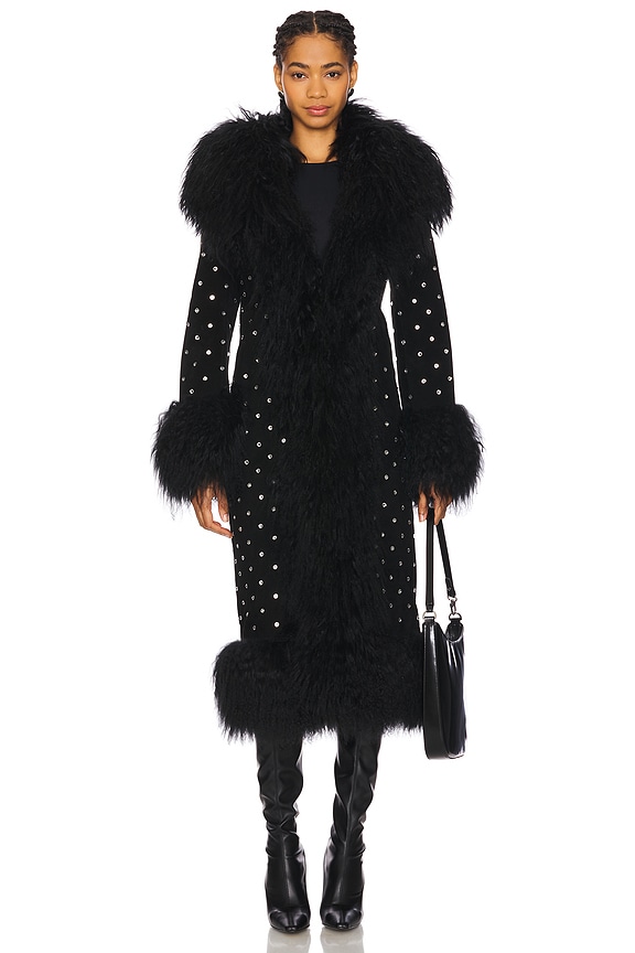 view 2 of 5 Dorothy Diamante Suede Maxi Coat With Fur Trim in Black & Crystal Embellishments