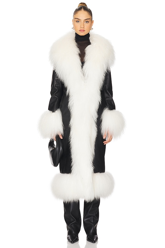 view 2 of 4 Dorothy Leather Maxi Coat With Fur Trim in Black & White