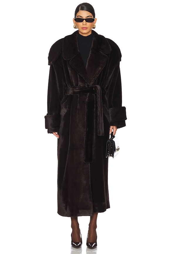 view 2 of 4 Mink Faux Fur Tie Long Coat in Dark Brown