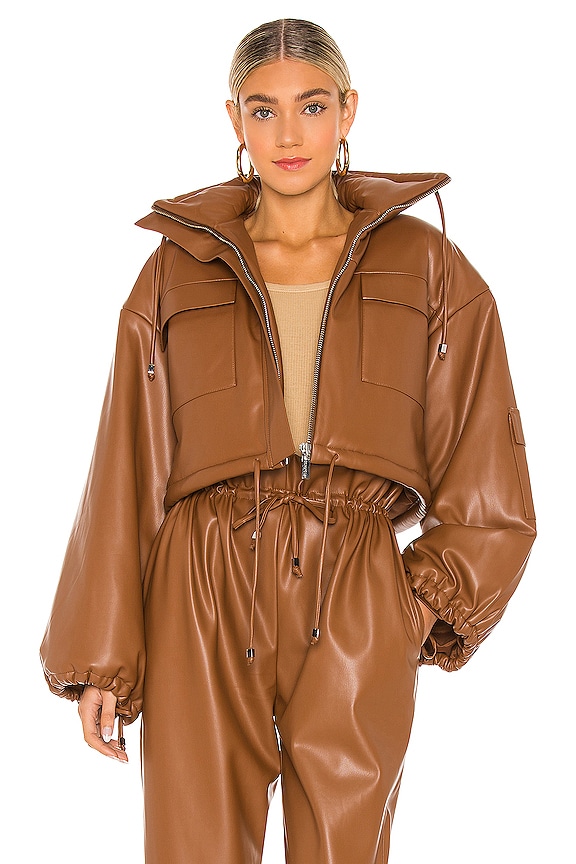 view 1 of 5 Puff Sleeve Vegan Leather Jacket in Brown