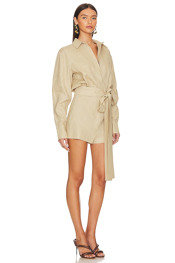 view 2 of 3 Linen Tie Detailed Romper in Beige