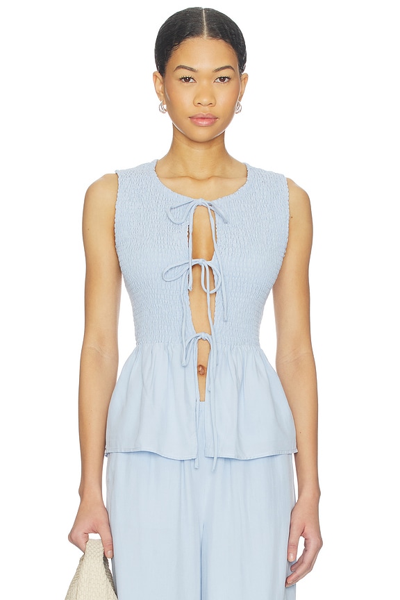 view 1 of 4 Fleur Shirred Tie in Front Top in Sky Blue