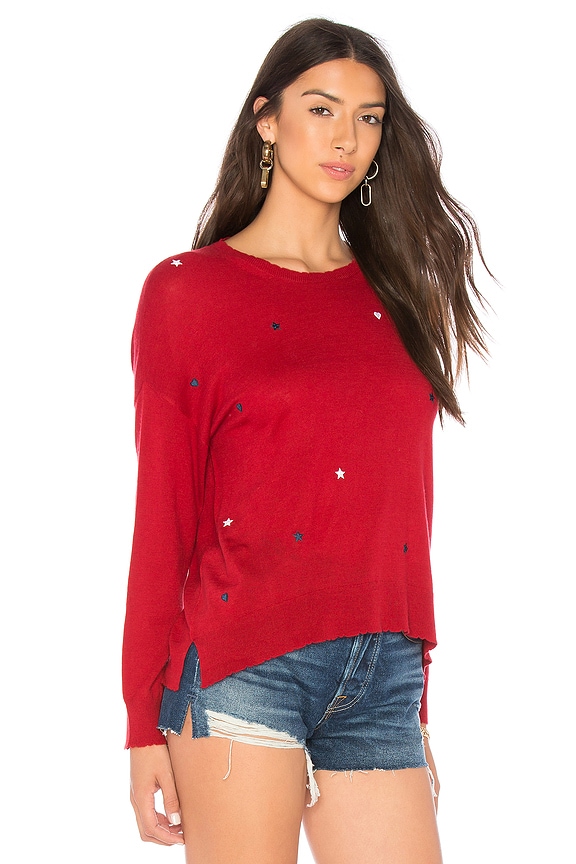 SUNDRY Star Patches Cashmere Blend Crew Neck Sweater in Ruby | REVOLVE
