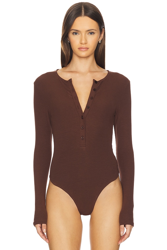view 2 of 5 Henley Bodysuit in Chocolate Brown