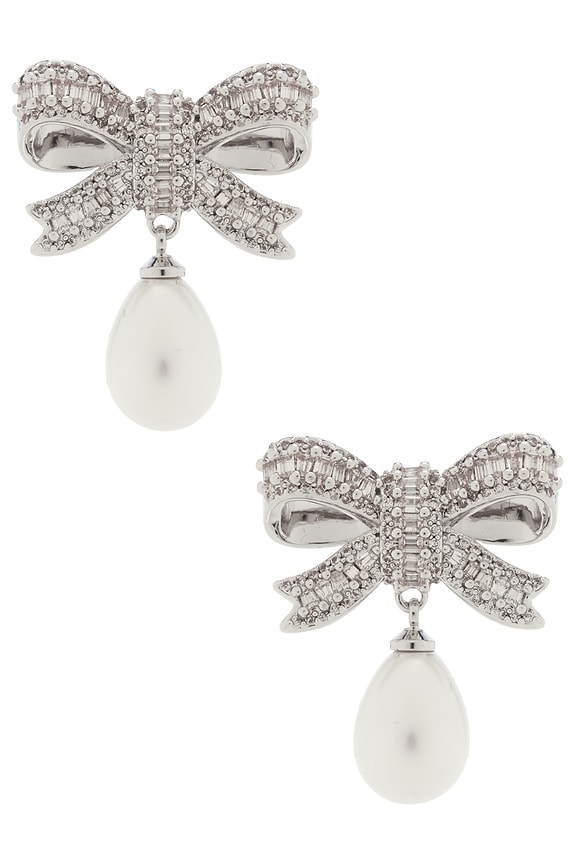 view 1 of 2 Crystal Bow Pearl Droplet Earrings in Silver