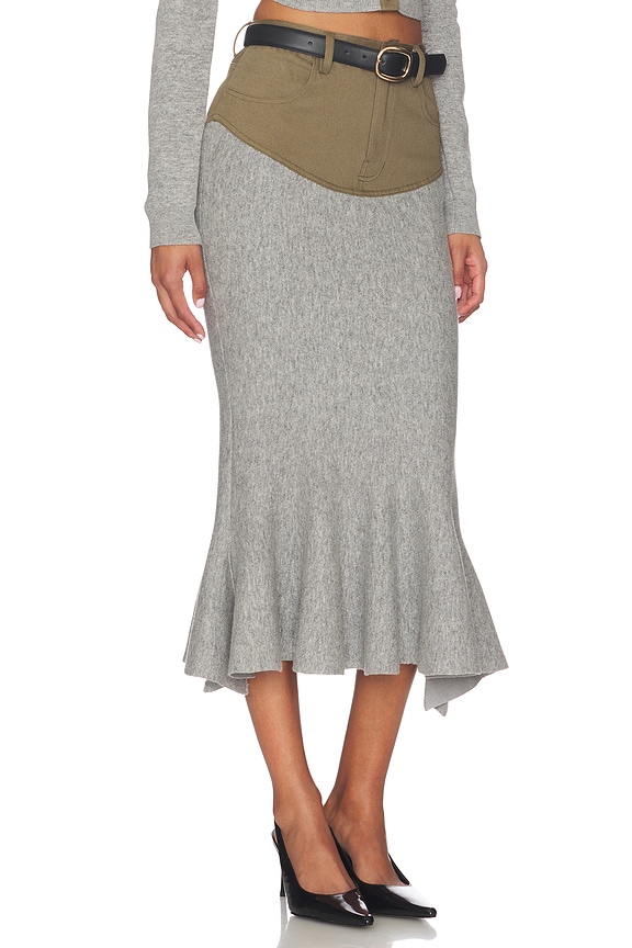 view 2 of 6 Grey Knit Khaki Denim Insert Midi Skirt in Grey