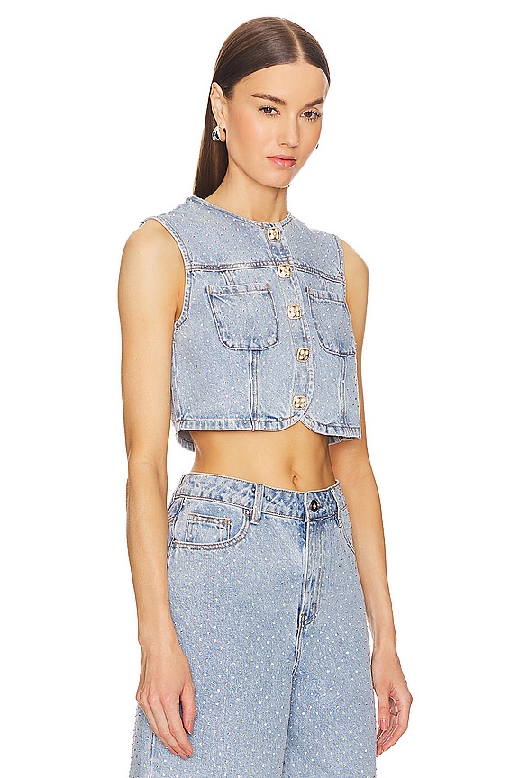 view 2 of 5 Rhinestone Denim Crop Top in Light Blue