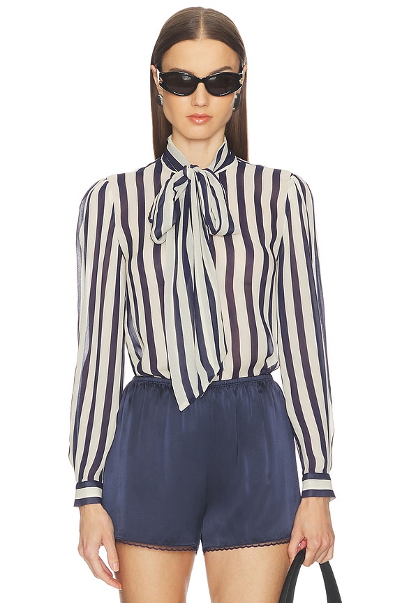 view 1 of 4 Navy Stripe Tie Neck Blouse in Navy