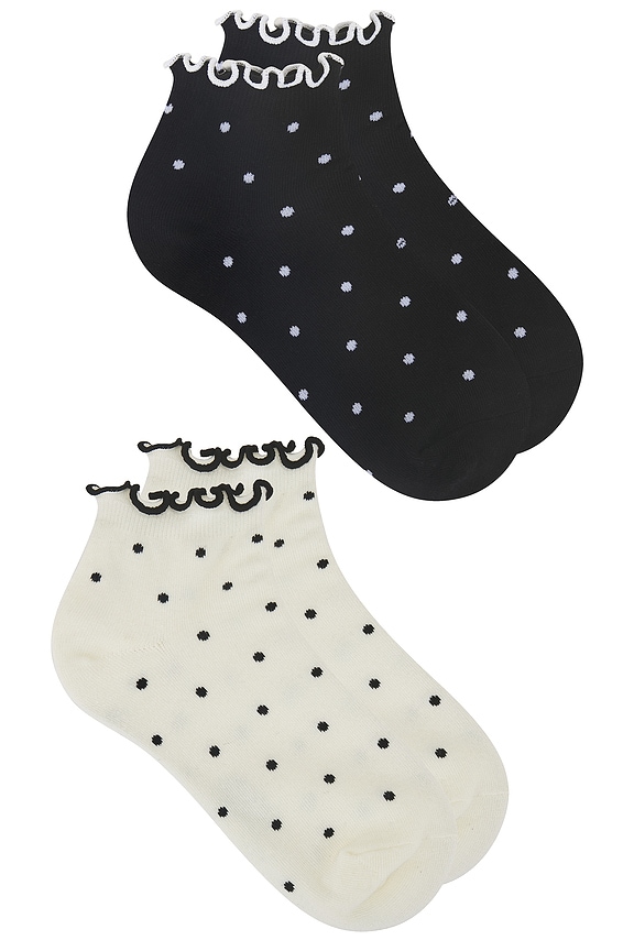 view 2 of 3 2 Pack Dot Ruffle Ankle Socks in Black & Ivory