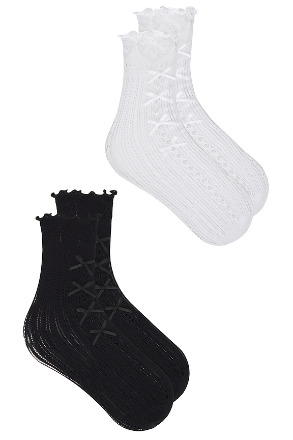 view 2 of 3 Lolita Lace Bow Crew Socks Pack Of 2 in Black & White