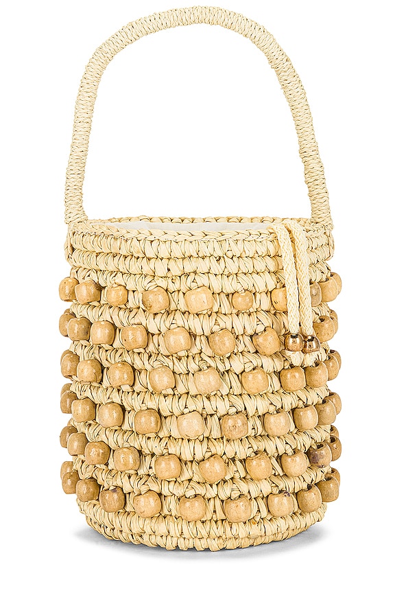 view 1 of 4 Wood Beaded Mini Bucket Bag in Natural Straw & Beads
