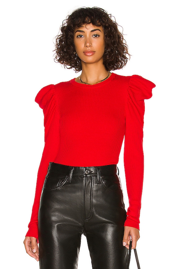 7 For All Mankind Long Sleeve Puff Shoulder Crewneck in Lava Red | REVOLVE