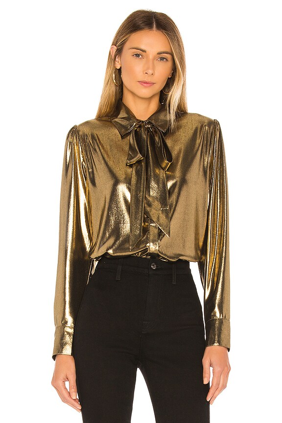 view 2 of 5 Foil Satin Blouse with Neck Tie Top in Liquid Gold