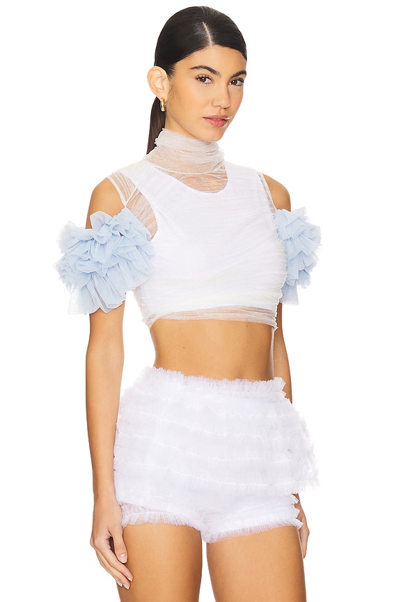 view 2 of 4 Shirred Bandage Wrap Top With Puff Sleeves in Blue