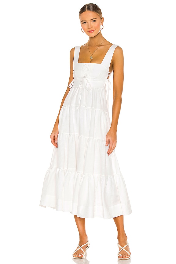 Shona Joy Blanca Lace Up Tiered Midi Dress in Ivory | REVOLVE
