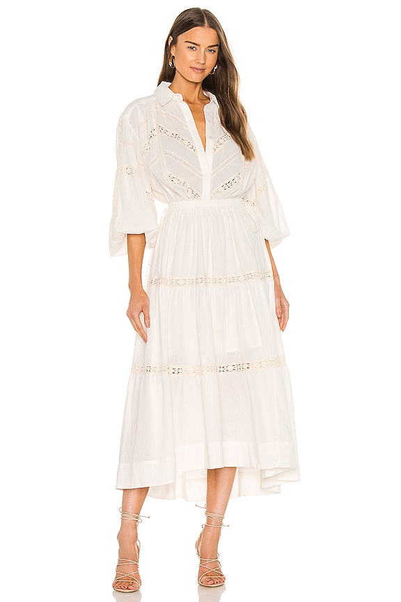 Shona Joy Chevron Balloon Sleeve Midi Dress in Ivory & Cream | REVOLVE