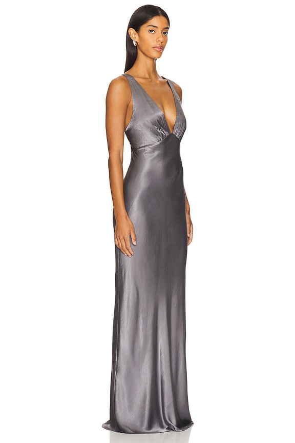 view 2 of 3 La Lune Plunged Cross Back Maxi Dress in Graphite