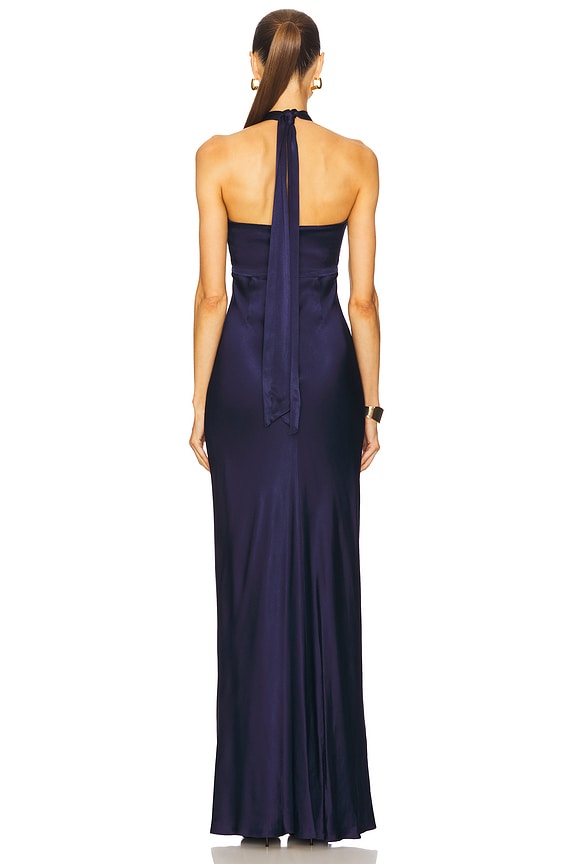 la lune ruched halter maxi dress - iceberg blue Shona Joy in Midnight navy blue halter dress
