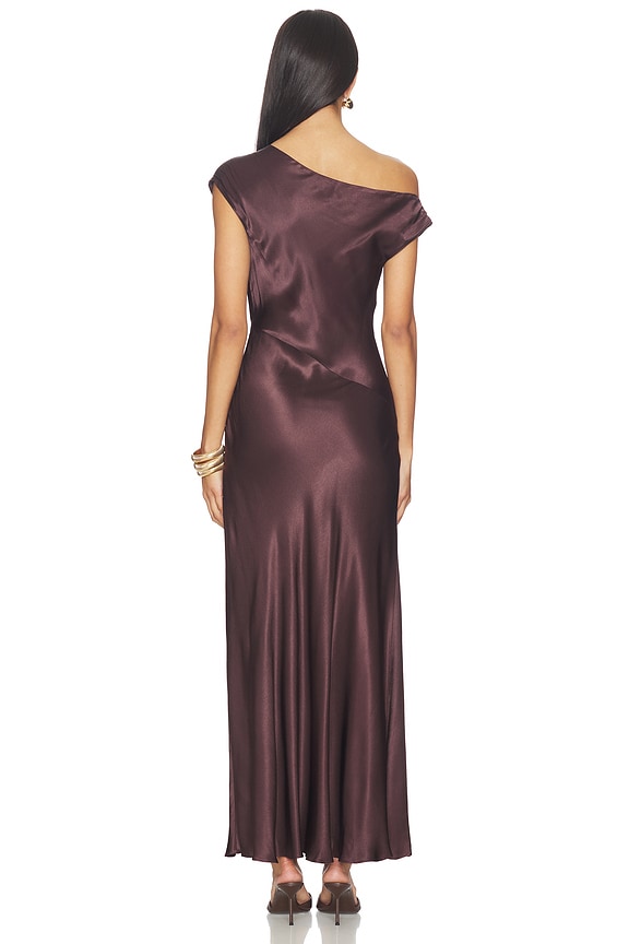 shona joy asymmetric satin-crepe maxi dress La Lune Asymmetrical Draped in Espresso Rihoas V Neck Button PF24 it features delicate cut Color:A2