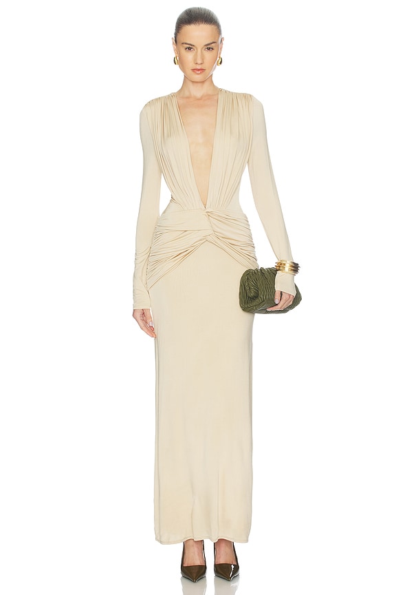 view 1 of 3 Miro Long Sleeve Plunged Maxi Dress in Sand