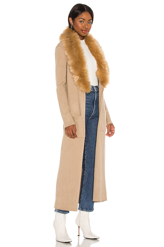 view 2 of 3 Lombardi Long Cardigan in Taupe With Faux Fur
