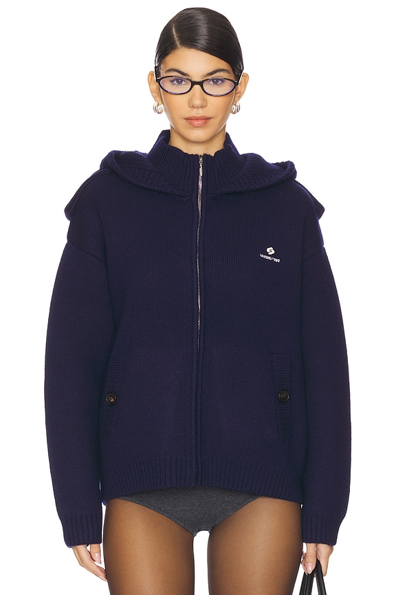 view 2 of 6 Double Collar Zip-up Knit Jacket in Navy Blue