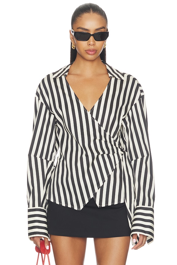 view 1 of 4 Anya Poplin Wrap Top in Black & White Stripe