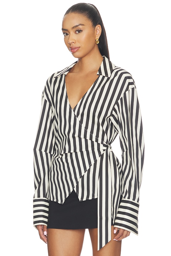 view 2 of 4 Anya Poplin Wrap Top in Black & White Stripe