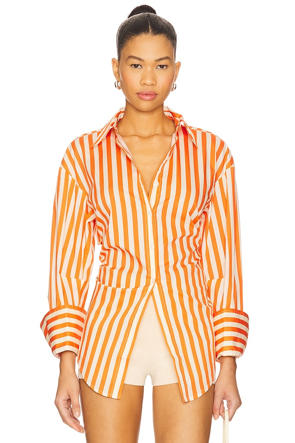 view 2 of 6 Loch Poplin Button Up in Coral Cabana Stripe
