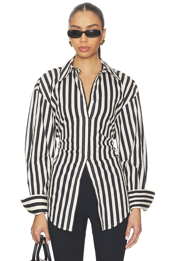 view 2 of 5 Loch Striped Poplin Button Up in Black & White Stripe