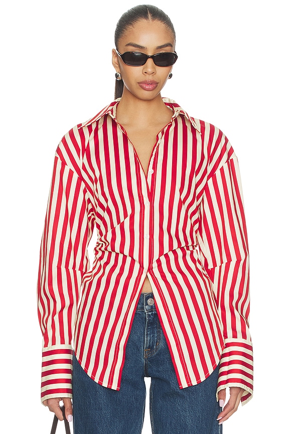view 2 of 6 Loch Poplin Button Up in Venetian Red Stripe