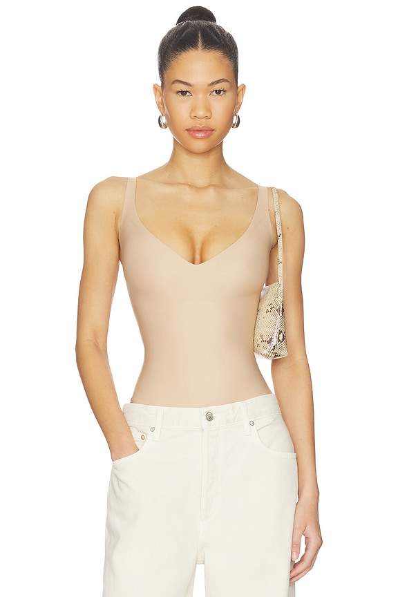 view 1 of 5 Body Core Sculpt Plunge Thong Bodysuit in Clay