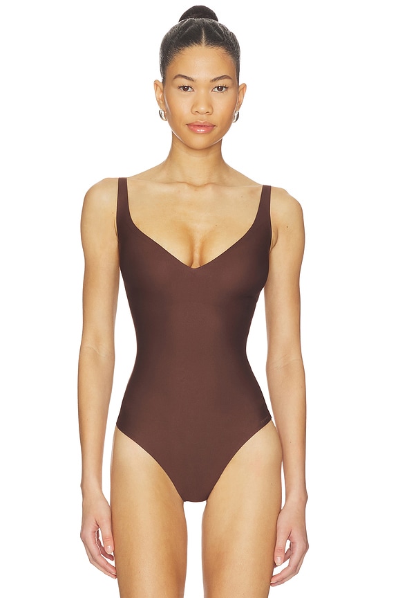 view 2 of 5 Body Core Sculpt Plunge Thong Bodysuit in Cocoa