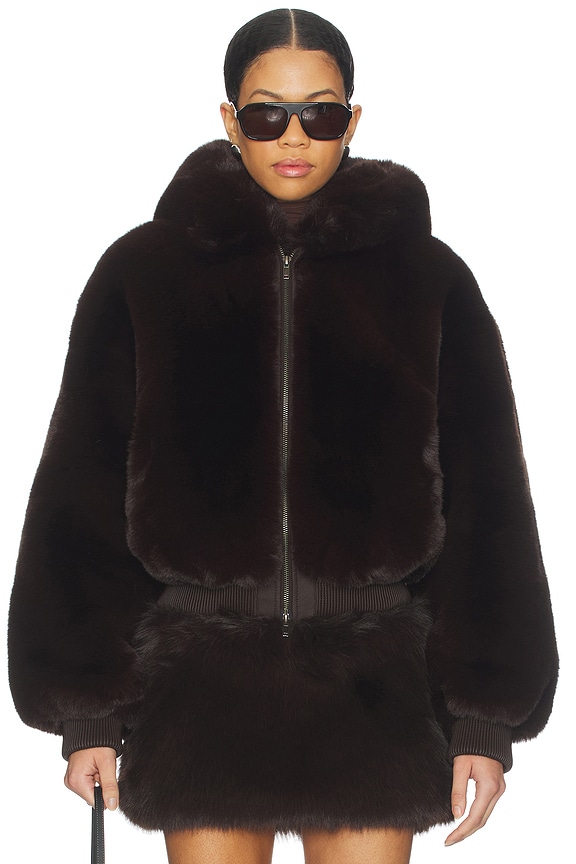 view 2 of 5 Faux Fur Shrunken Zip Up Jacket in Espresso
