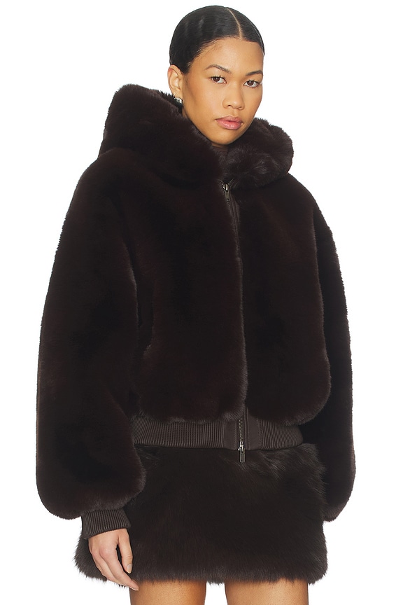 SKIMS Faux Fur Shrunken Zip Up Jacket in Espresso | REVOLVE