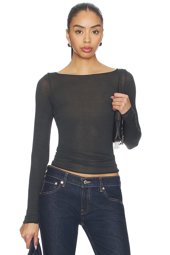 view 1 of 4 Sheer Modal Long Sleeve Boat Neck T-shirt in Onyx