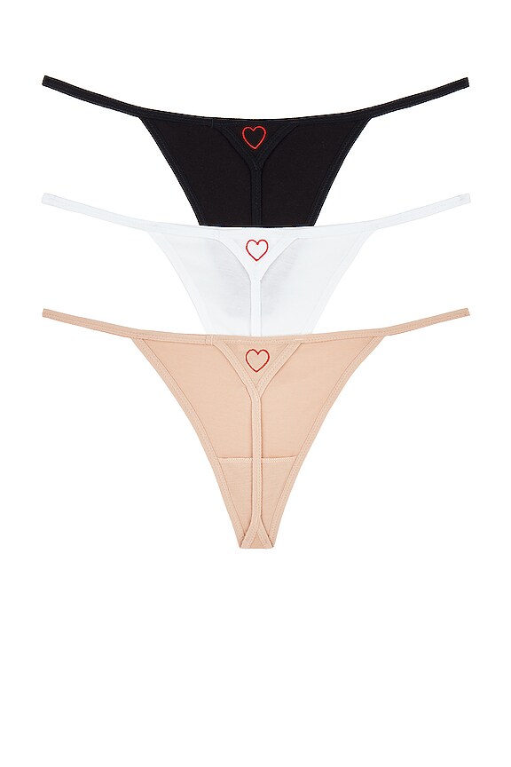 view 2 of 6 3 PAQUETES GISELLA G-STRING WITH RED HEART EMBROIDERY in Black, Macadamia, & White