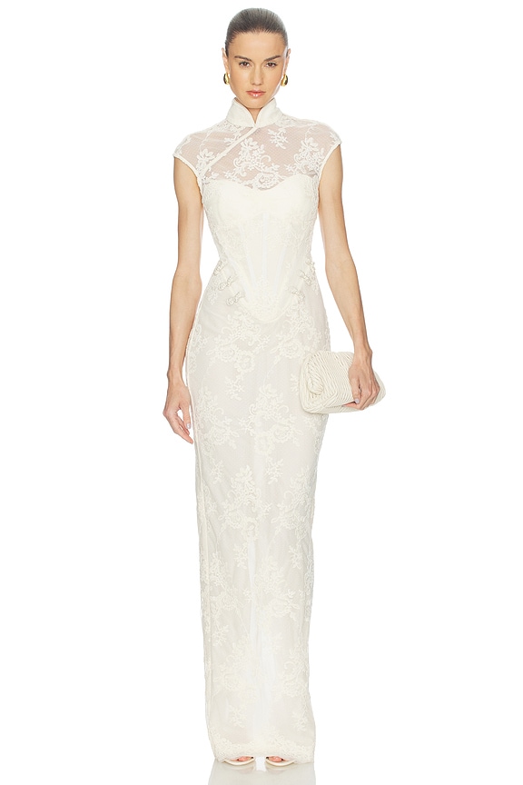 view 1 of 5 Emilia Lace Gown in Cashew Beige