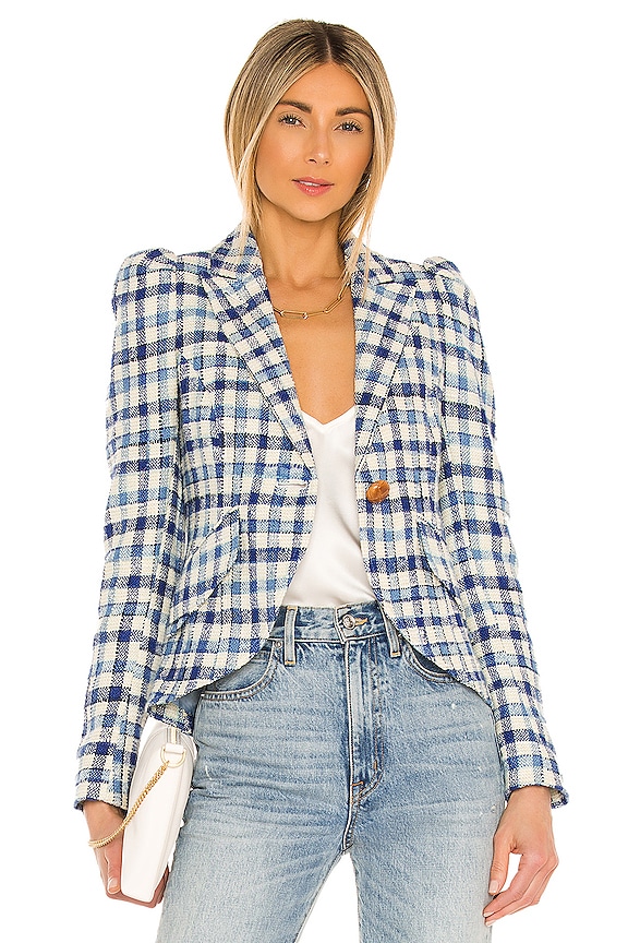 view 1 of 5 Pouf Sleeve One Button Blazer in Blue Sackcloth Check