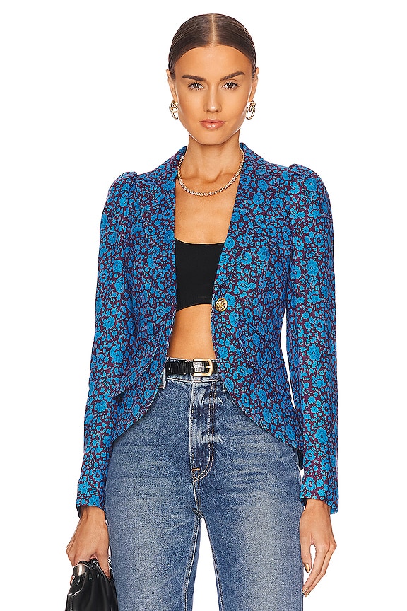 view 1 of 5 Pouf Sleeve One Button Blazer in Merlot & Cobalt Liberty Floral