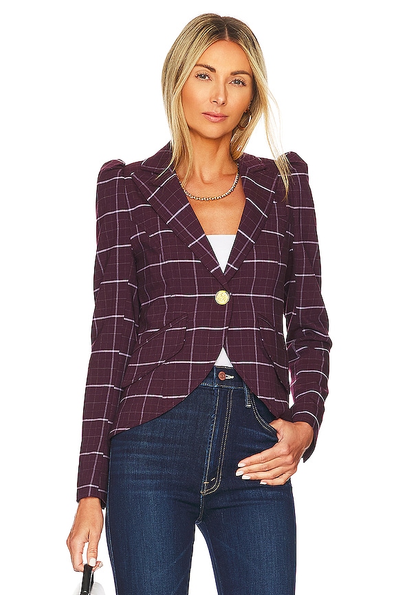 view 1 of 4 Pouf Sleeve One Button Blazer in Mulberry Plaid