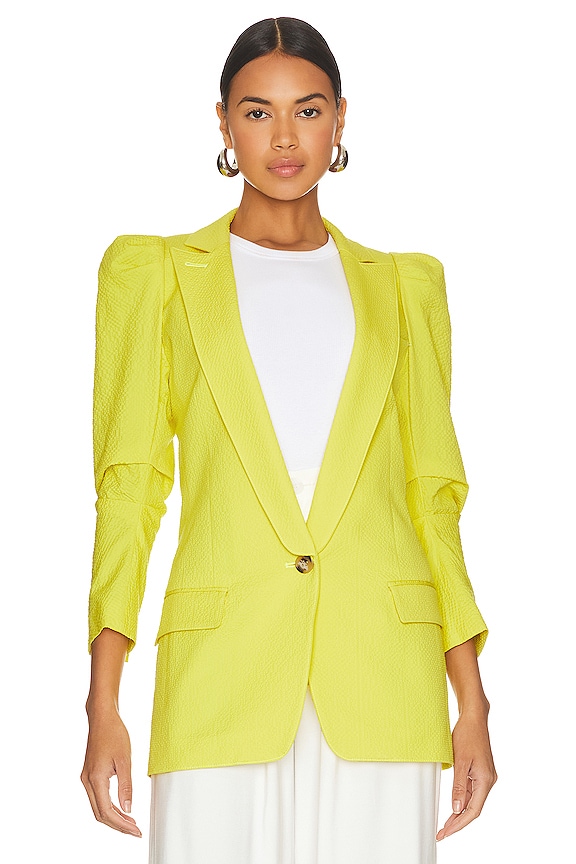 Smythe Scrunch Slv Longline Blazer in Lemon Seersucker | REVOLVE