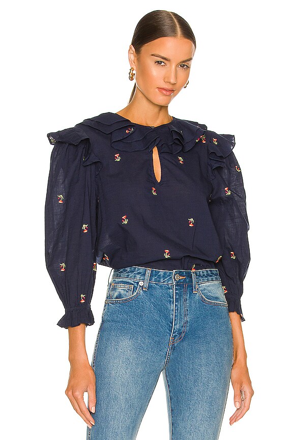 view 2 of 5 Embroidered Ruffle Top in Navy