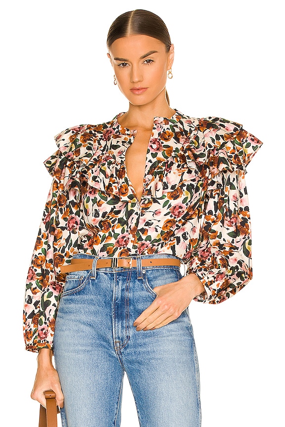 Something Navy Floral Ruffle Blouse in Cream Multi | REVOLVE