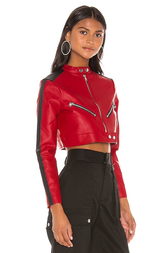 【NONCODE】24SS★ [NONCODE] Aman Cropped Rider Jacket Mandonce Cropped Leather Jacket Women Color Clash Studded