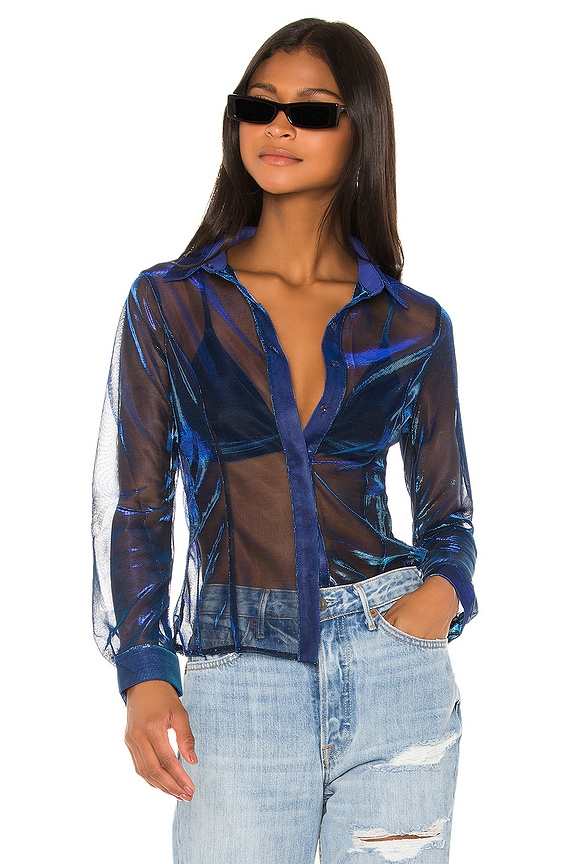 view 1 of 4 Milianne Button Up Top in Turquoise Metallic