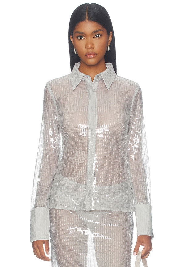 view 2 of 6 Makayla Button Up Top in Silver Sequin