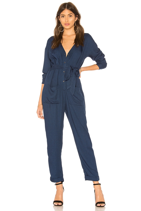 NWT Splendid Crosshatch Ruffle Denim Jumpsuit Size Med Originally $178